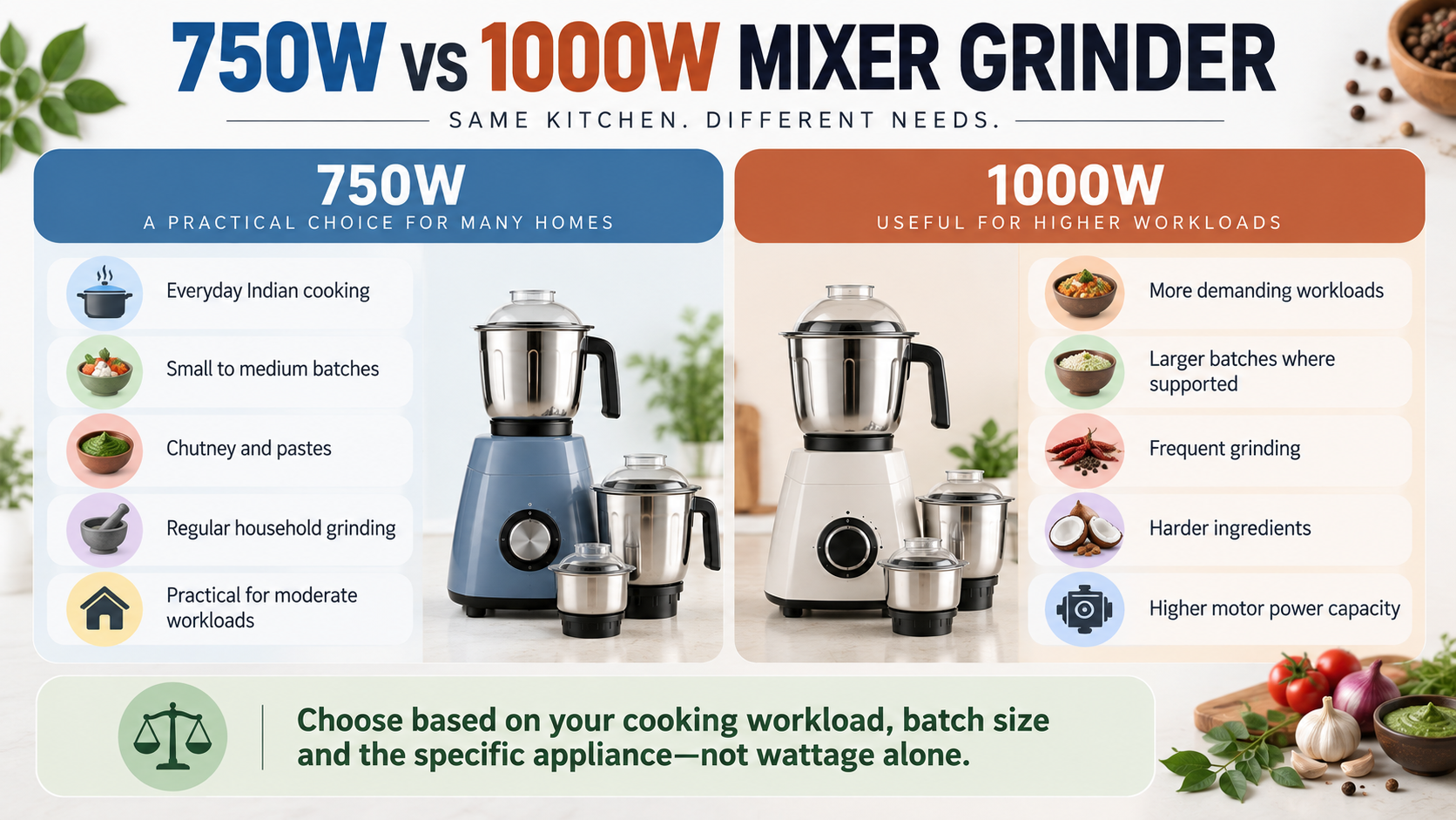 750W vs 1000W mixer grinder comparison infographic